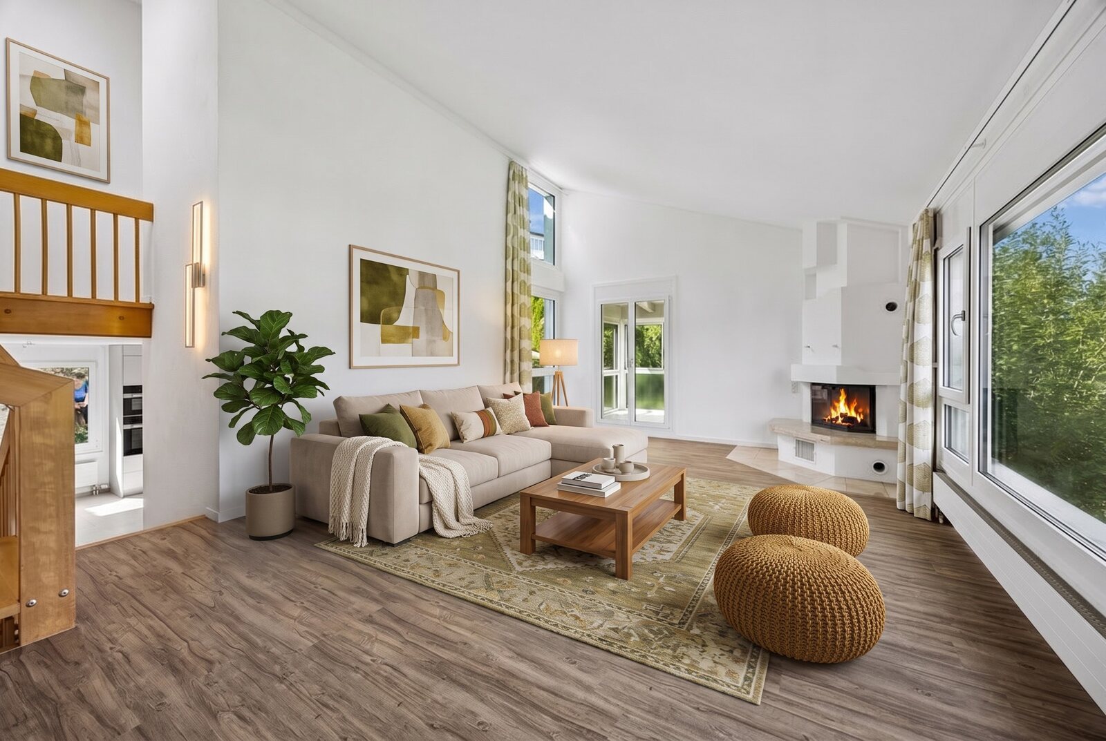 Wohnzimmer mit Kachelofen und Panoramafenstern, möbliert (Stil 2)